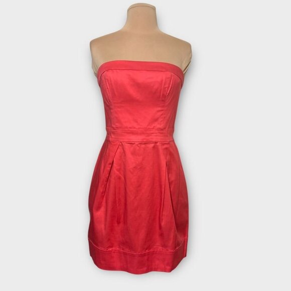 Coral Red Fit & Flare Mini Dress 4  Strapless Pleats Party cocktail French Conn - Picture 2 of 9